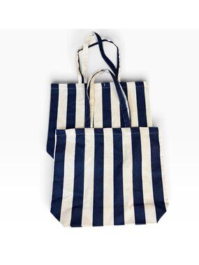 Primark Large Navy Tan Striped Canvas Tote Bag Reusable Shopping Lot of 2 NWT